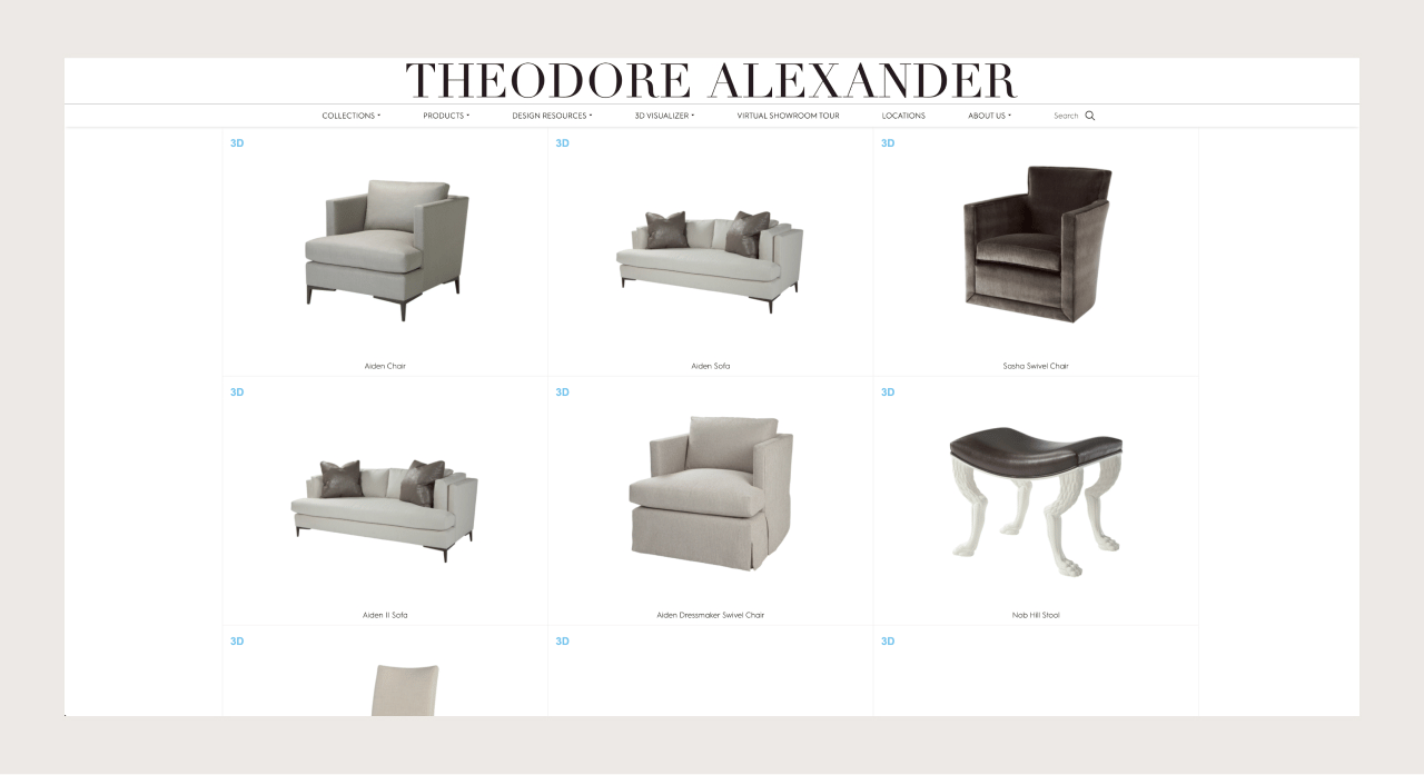 Theodore Alexander furniture product grid with 3D visuals for digital furniture marketing content.