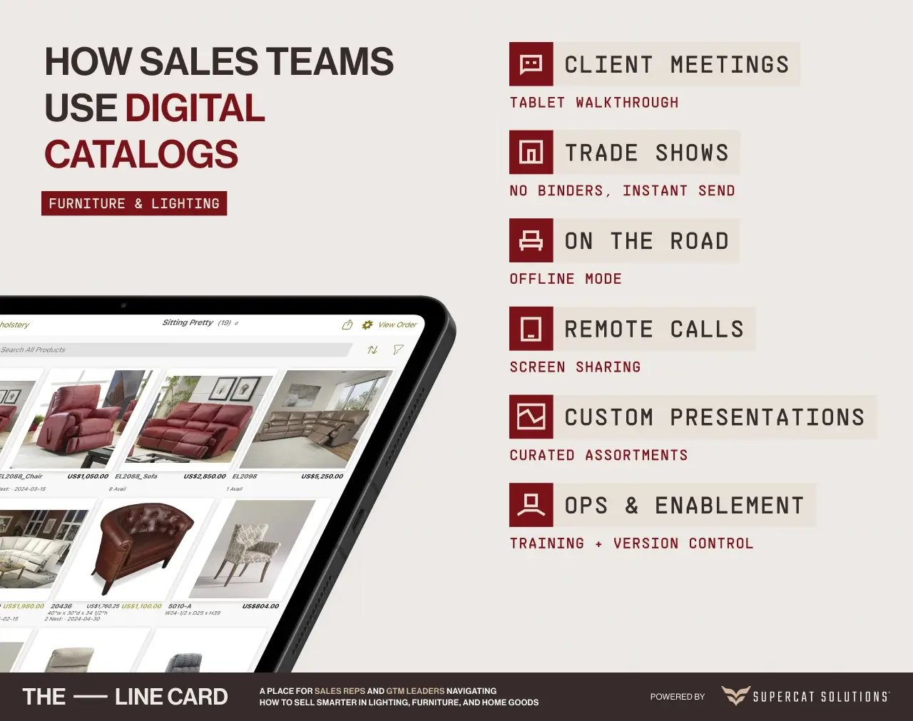 Ways sales teams use digital catalogs for client meetings, trade shows, remote calls, and custom presentations in the furniture and lighting industry.