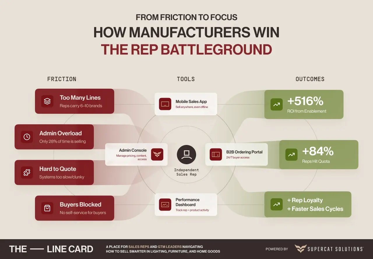 Infographic showing how manufacturers help independent sales reps reduce friction with sales tools and achieve higher ROI.