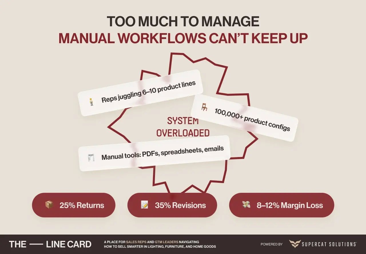 Visual showing how manual sales workflows overload independent reps with product lines, tools, and errors