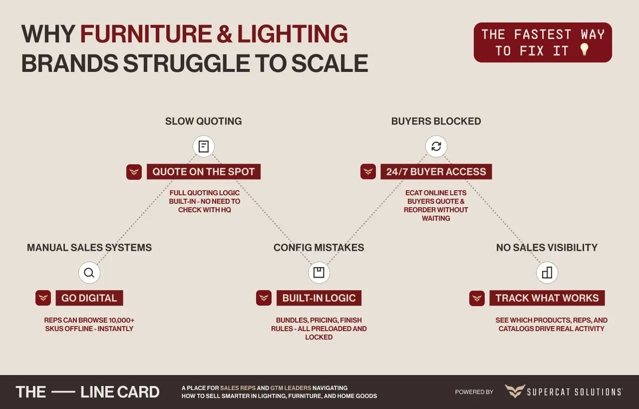 Diagram showing the main reasons why furniture and lighting sales struggle to scale, with clear paths to resolution using digital tools.