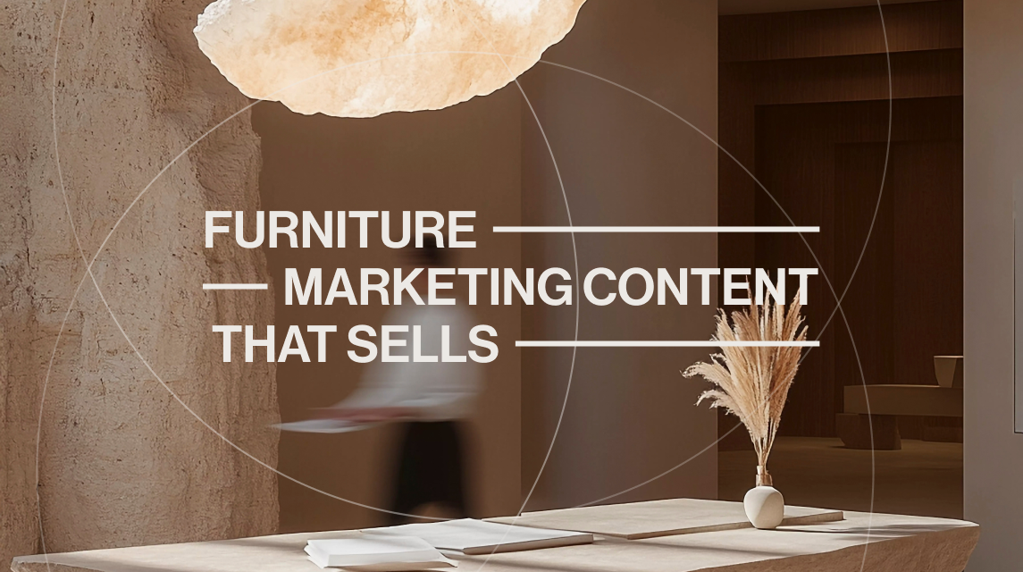 Hero image with natural tones and bold typography promoting furniture marketing content that sells.